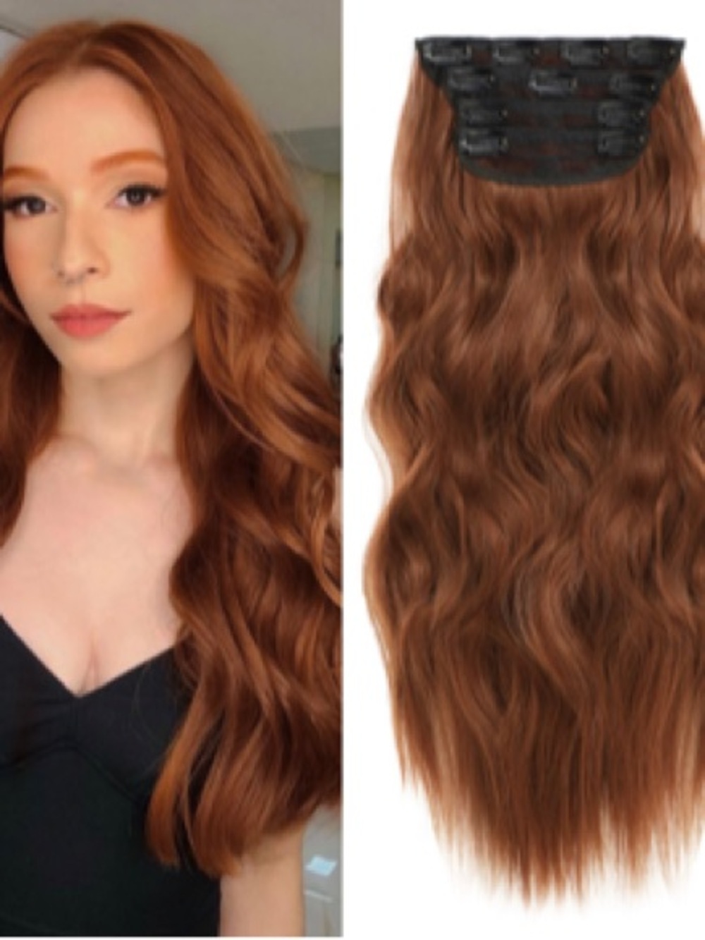 Copper Red Wavy Human Hair Clip-In Hair Extensions for Women 6pcs